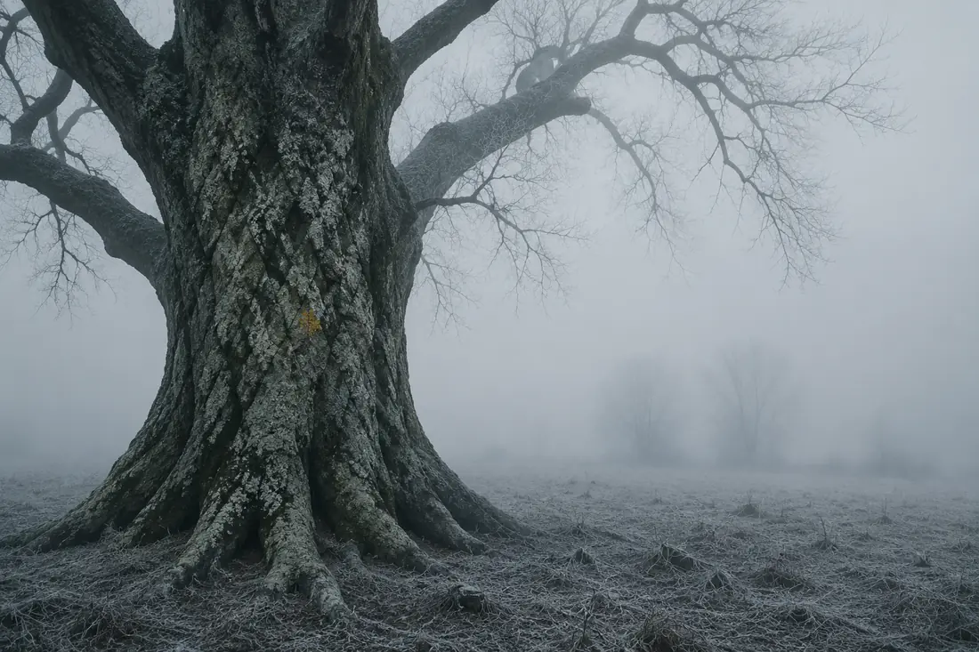Eine alte Esche mit tief gefurchter Rinde im Winternebel